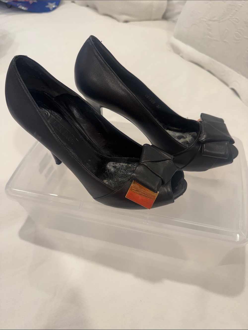 Alexander McQueen Black Peep-Toe Heels with Gold Accent